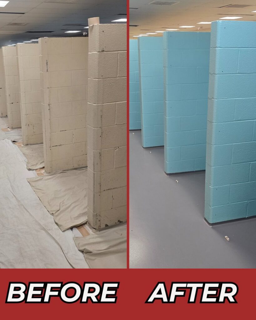 A 'before and after' comparison showing commercial restroom walls painted from beige to light blue, a handyman service by Randy Overacre Painting Company in Virginia Beach, VA.