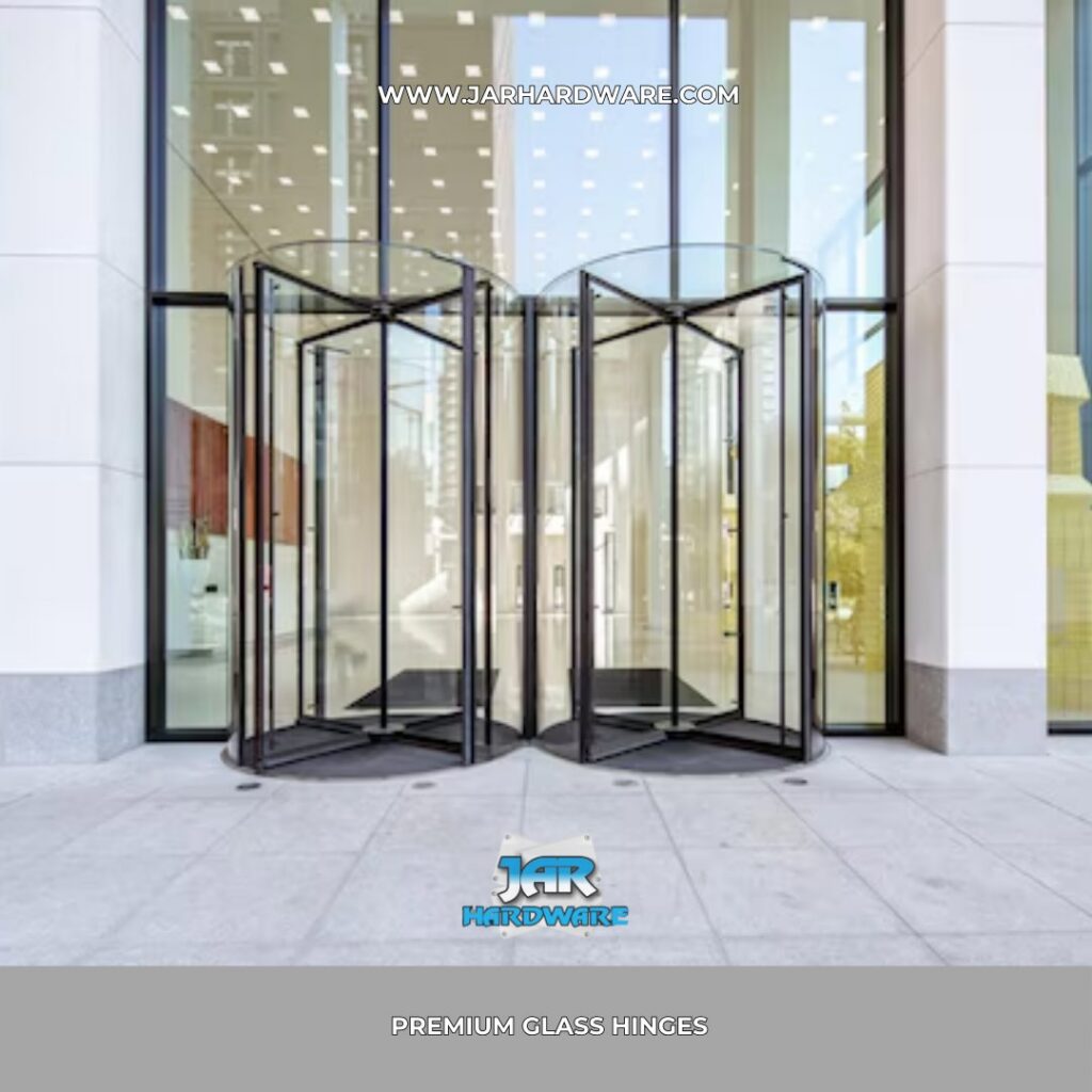 Exterior view of a commercial building featuring revolving glass doors installed by Jar Hardware in Hialeah, FL.