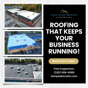 Aerial views of commercial roofing projects completed by Twin Peaks Roofing & Construction in Akron, OH