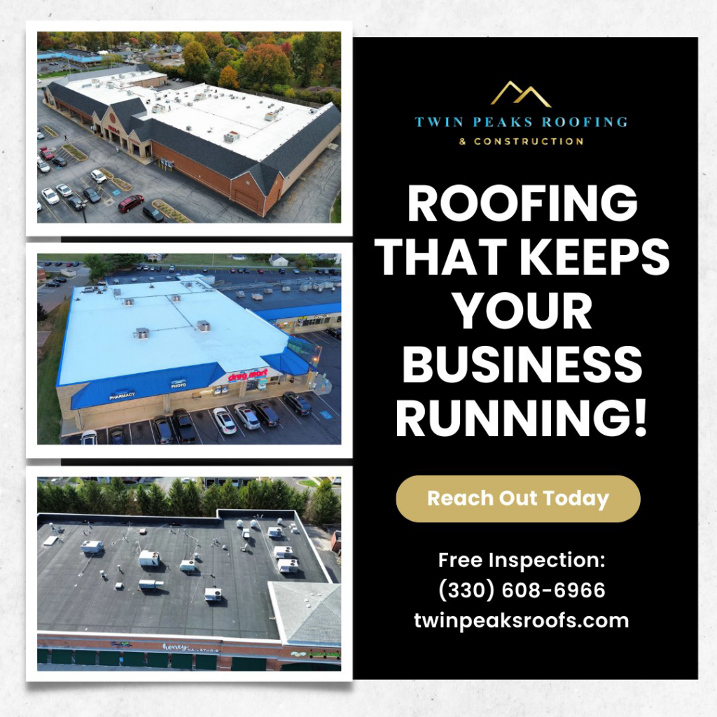 Aerial views of commercial roofing projects completed by Twin Peaks Roofing & Construction in Akron, OH