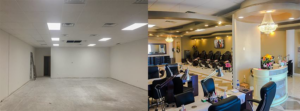 Before and after view of a commercial space remodeling project completed by Dove Construction and Remodeling in Springfield, MO.
