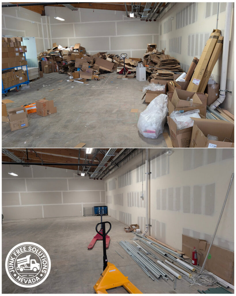 Before and after of a commercial warehouse floor cleared of cardboard boxes and debris by Junk Free Solutions in Reno, NV.