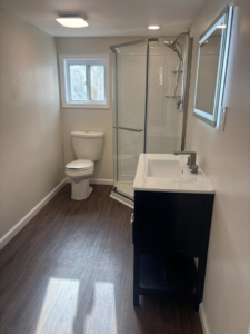 A full view of a completed bathroom renovation with new shower, toilet, and vanity by Fox Renovations in Knoxville, TN