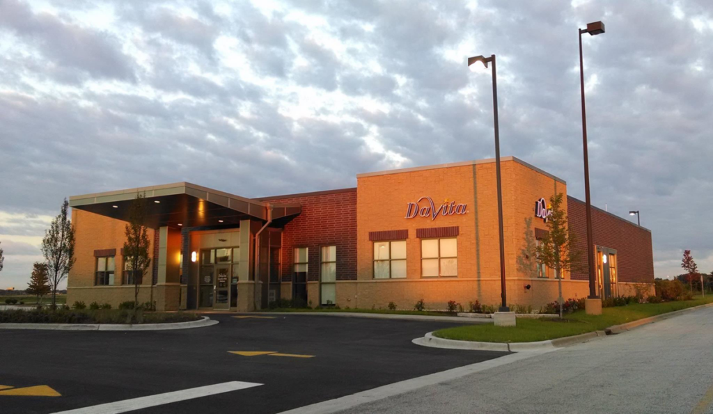 A newly constructed commercial building, a DaVita clinic, completed by Frontier Construction, Inc. in Chicago, IL.