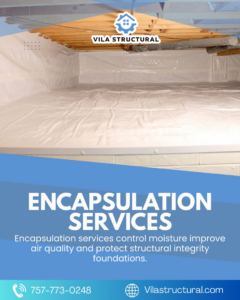 A fully encapsulated crawl space with a clean white vapor barrier installed by Vila Structural in Virginia Beach, VA.