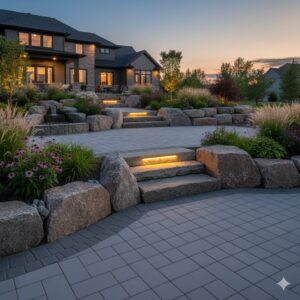 A beautifully completed patio with stone steps, integrated lighting, and lush landscaping by Wildflower Landscapers LLC in Larsen, WI
