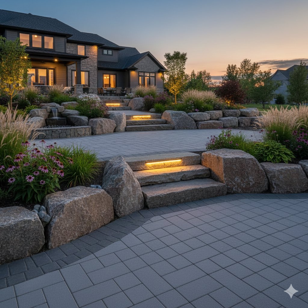 A beautifully completed patio with stone steps, integrated lighting, and lush landscaping by Wildflower Landscapers LLC in Larsen, WI