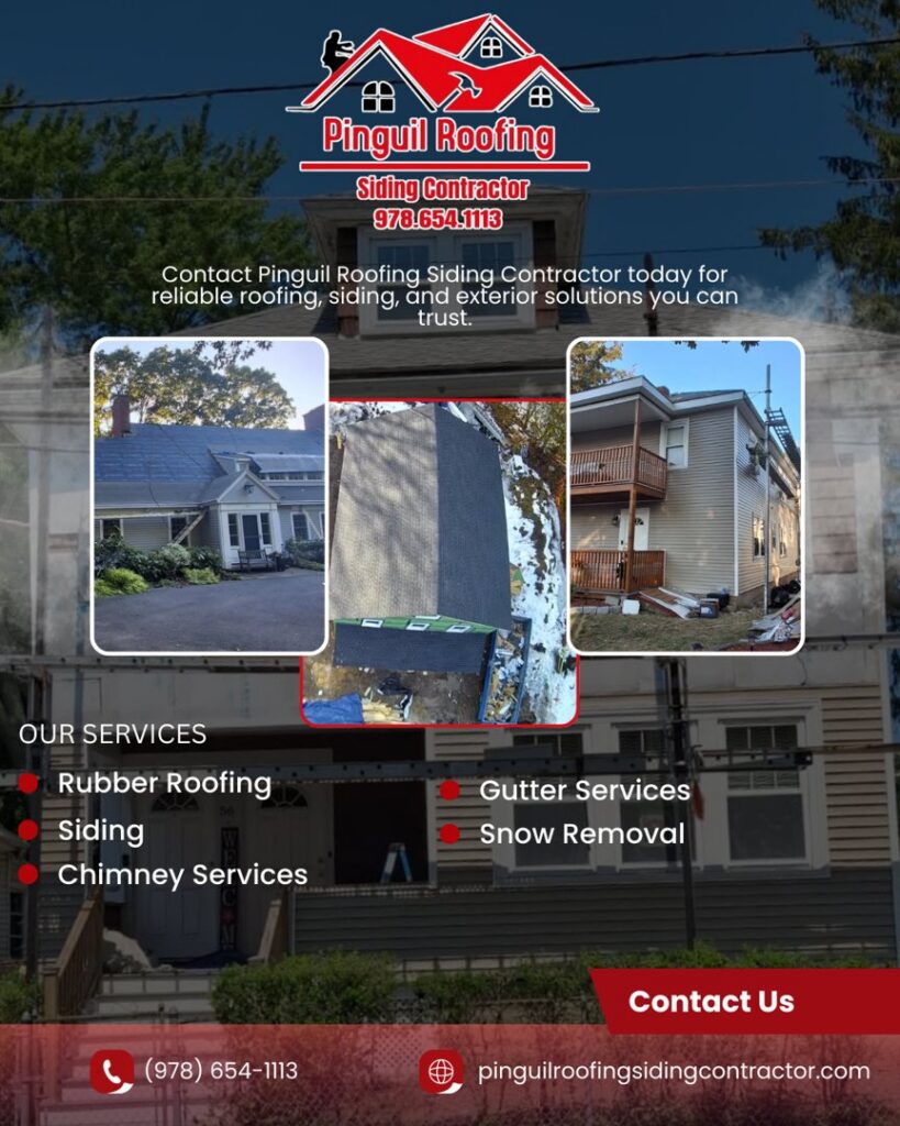 A house with a newly installed roof and siding, showcasing a completed handyman project by Pinguil Roofing Siding Contractor in Lowell, MA.