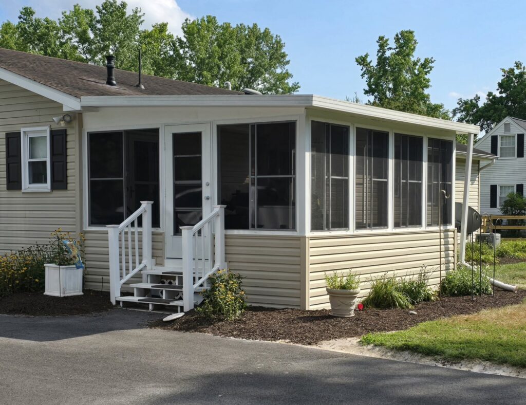 A completed screened porch exterior with landscaping by M. Phippin Contracting in Hebron, MD.