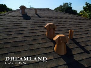 A completed shingle roof with multiple vents, a project by Dreamland USA in Hialeah, FL