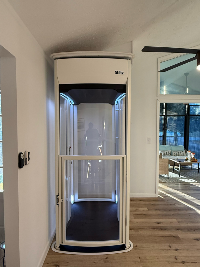 A completed Stiltz home lift installation in a modern home by Stiltz of Charlotte Raleigh Greenville in Concord, NC.