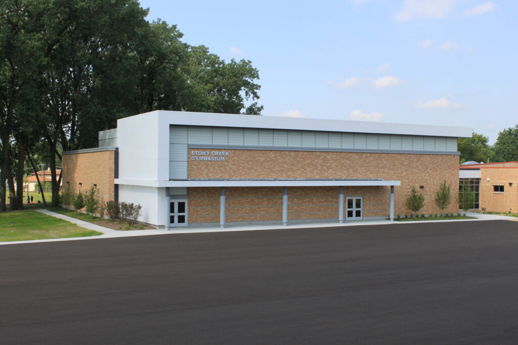 The exterior of the newly completed Stony Creek Gymnasium building, a project by Frontier Construction, Inc. in Chicago, IL.