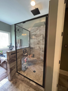 A beautifully completed walk-in shower installation by RIBAM Residential contractor.llc in Auburn, AL.