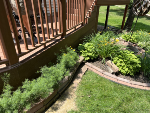 A well-constructed composite deck base with surrounding landscaping, completed by Folmar's Handyman & Remodeling in Lincoln, NE.