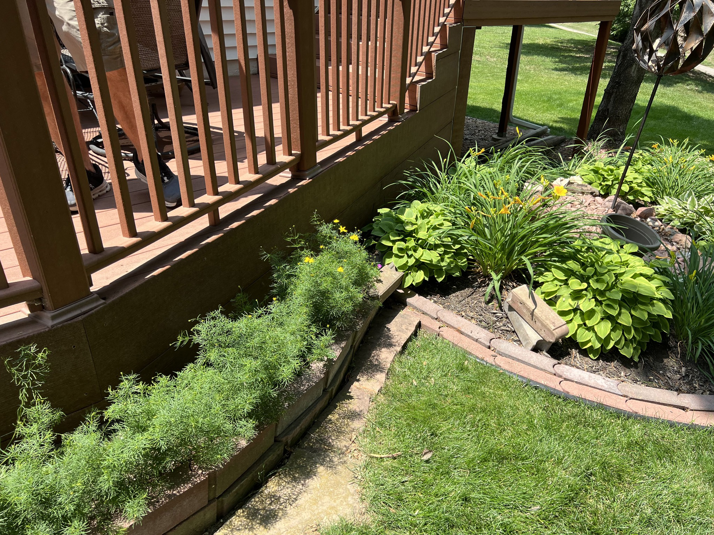 A well-constructed composite deck base with surrounding landscaping, completed by Folmar's Handyman & Remodeling in Lincoln, NE.