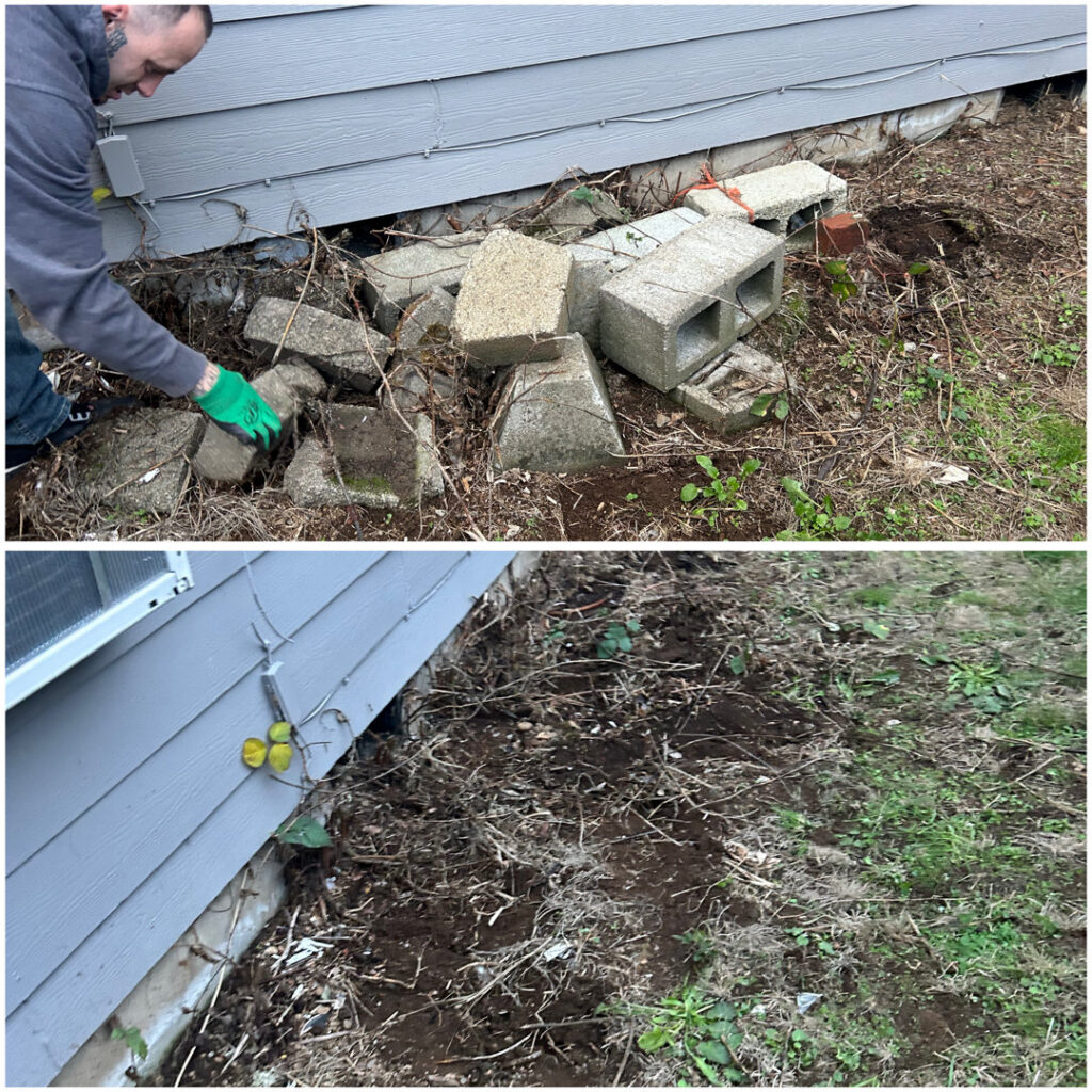 Before and after photos showing concrete blocks removed from a residential property by OnPoint Removal Services in Vancouver, WA.
