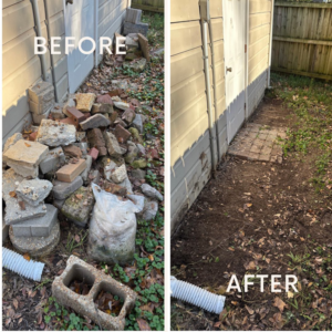 Before and after view of concrete blocks, bricks, and debris removed from beside a building by WasteAway Junk Removal in Memphis, TN