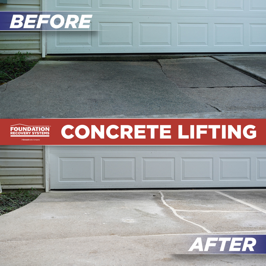 A before and after comparison of concrete driveway lifting and repair by Foundation Recovery Systems in Lee's Summit, MO.