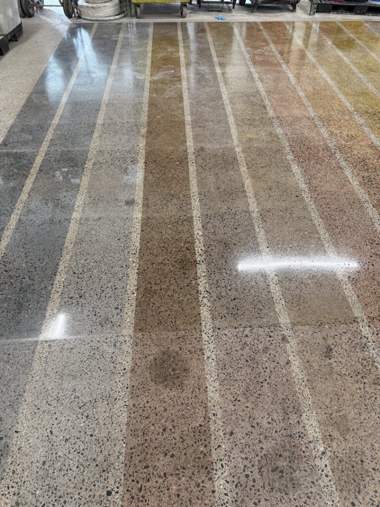 Various stages of concrete floor polishing and staining samples demonstrated by ACT Restoration in Andover, MN.