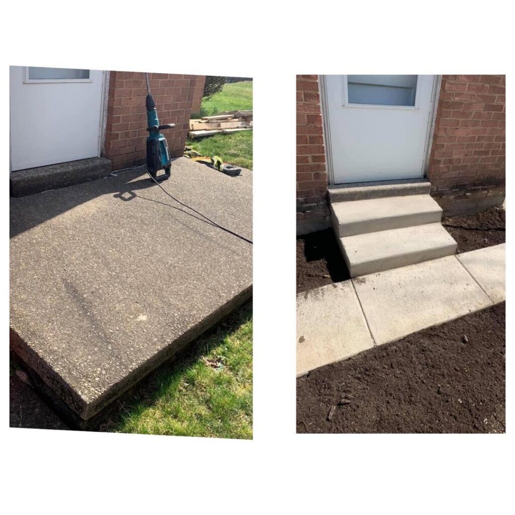 Before and after of a concrete patio and steps replacement by Mudd Brothers Contracting Co. in Pittsburgh, PA.