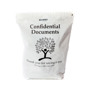 A white bag labeled 'Confidential Documents' for secure shredding services from Docu Shred Inc. in Fisher, MN.