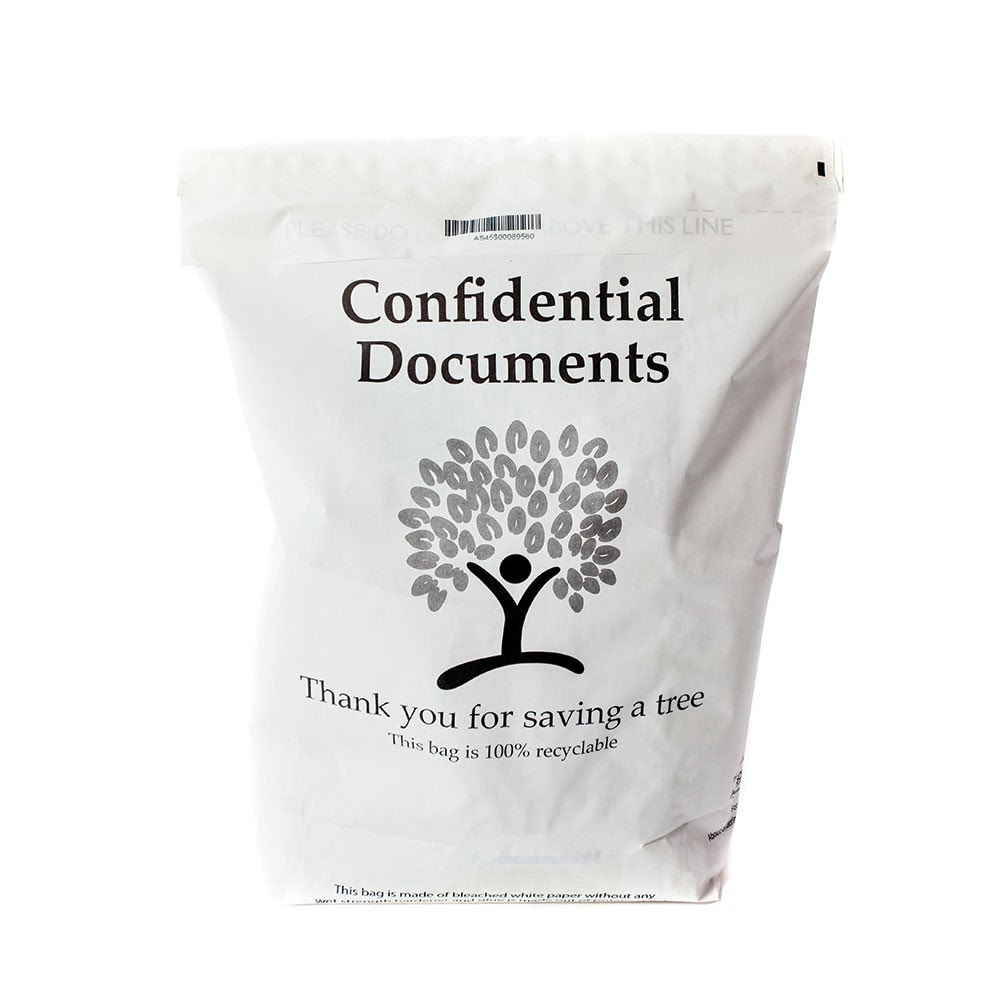 A white bag labeled 'Confidential Documents' for secure shredding services from Docu Shred Inc. in Fisher, MN.