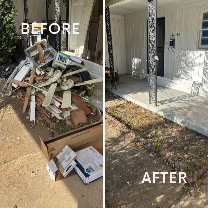 Before and after view of construction debris and old fixtures removed from a home's exterior by WasteAway Junk Removal in Memphis, TN