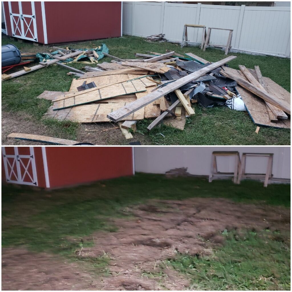 Before and after of a pile of construction debris and wood removed from a residential yard next to a shed by Junk Fade Away, LLC in Jacksonville, FL.