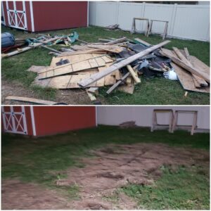 Before and after of a pile of construction debris and wood removed from a residential yard next to a shed by Junk Fade Away, LLC in Jacksonville, FL.