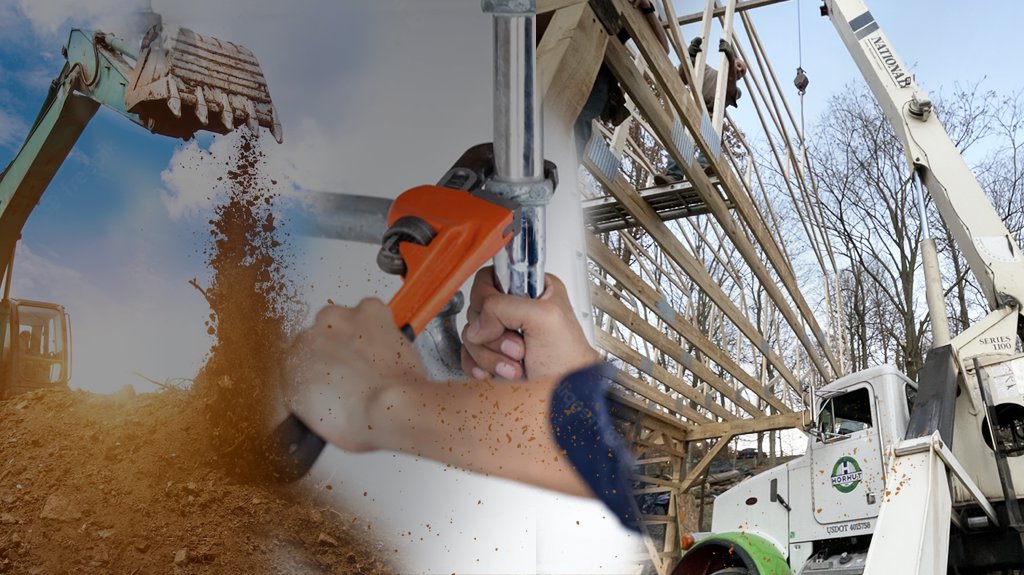Composite image: construction, excavation, plumbing, and structural framing services by Horhut Inc. in Pittsburgh, PA.