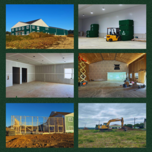A collage showcasing various stages of a construction project by Glick's Exteriors in Philadelphia, PA, including framing, drywall, and excavation.
