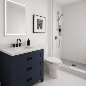 A contemporary bathroom remodel featuring a dark vanity and glass shower by VDO. Remodeling in Rancho Cordova, CA.