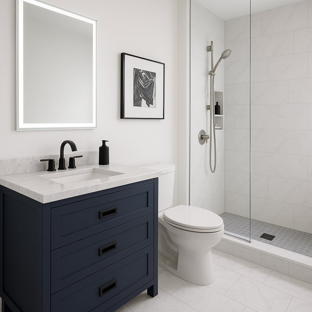 A contemporary bathroom remodel featuring a dark vanity and glass shower by VDO. Remodeling in Rancho Cordova, CA.
