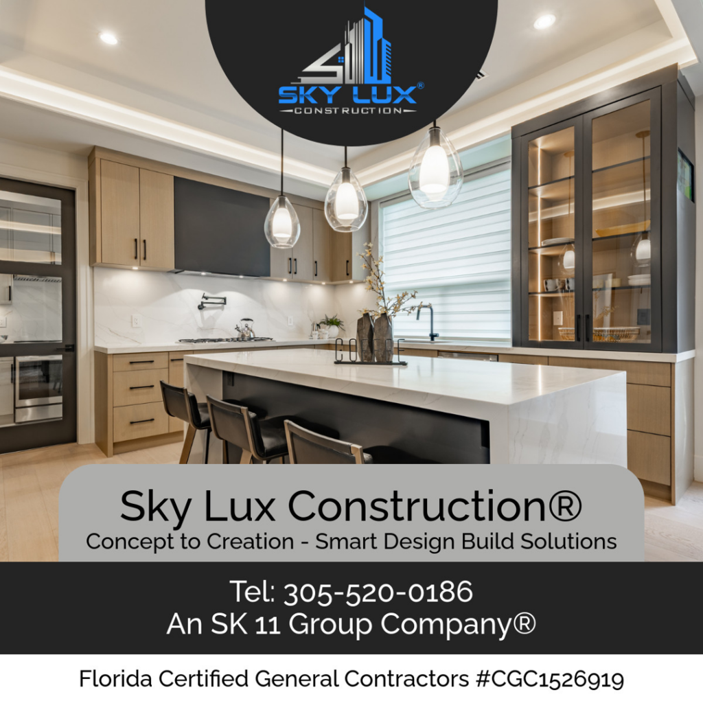 A contemporary kitchen project with light wood cabinets and white countertops by SK 11 Group, Inc. in Miami, FL.