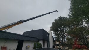 A crane and a red spider lift, heavy equipment used by My Tree Guys, LLC for tree service, extending over a house in Salt Lake City, UT.