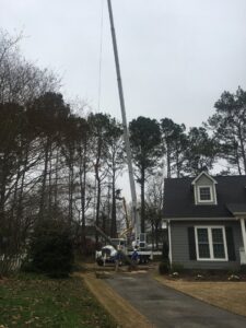 Crane and bucket trucks with a crew performing tree removal services near a house by Jon's Tree Service in Pelham, AL.
