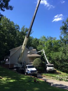 Crane trucks and a bucket truck performing tree work near a residential house by Jon's Tree Service in Pelham, AL.