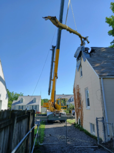 A large yellow crane lifting a heavy tree branch over a residential roof during tree removal by All Branched Out Tree Experts in Walkersville, MD.