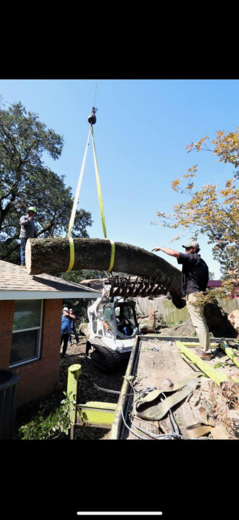 Tree service crew using a crane to lift a large tree trunk over a house during removal by Green Leaf Tree Service in Broussard, LA.