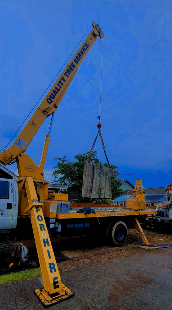 A crane truck lifting a large tree trunk section during a removal by Quality Tree Service, L.L.C in Kenner, LA.