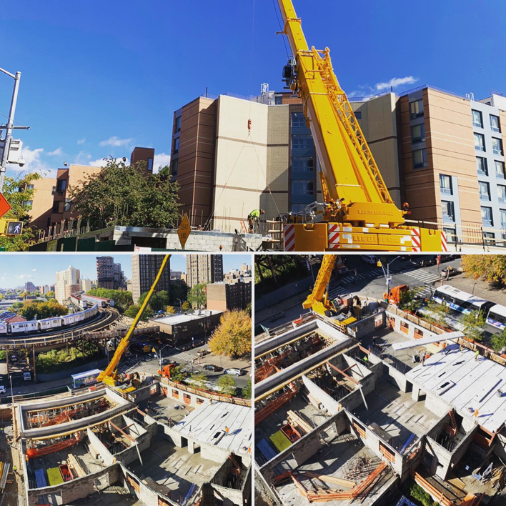 A large crane working on a multi-story building construction project by The J. Pilla Group Ltd. in The Bronx, NY.