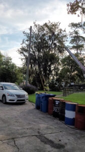 A crane from Eagerton Tree Service, LLC set up for tree work in a residential area in Ponte Vedra Beach, FL.