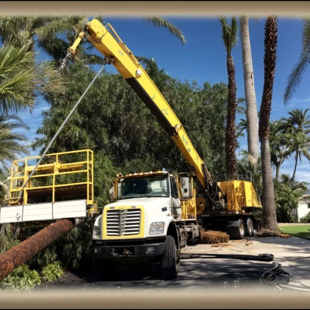 A crane truck with a bucket lift assisting in palm tree removal or trimming by Tree Service Henderson in Henderson, NV.