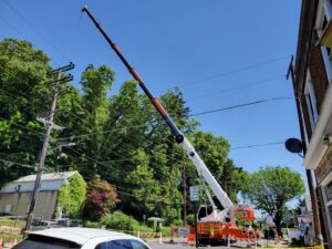 A large crane assisting with complex tree removal near power lines by Morgan Brothers Tree Care Solutions in Birdsboro, PA