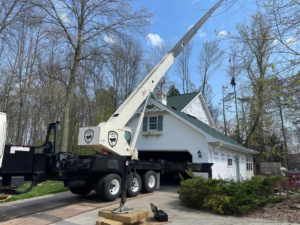 A large crane truck from Canopy Cops Tree Service LLC is set up at a residential property for tree removal in Appleton, WI.