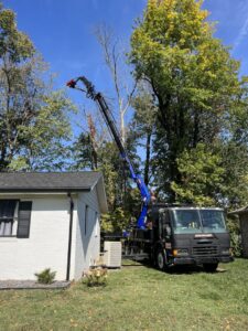 A Gray's Tree and Crane Service crane truck with a grapple saw attachment performing tree trimming near a residential home in Evansville, IN.