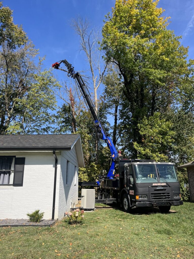 A Gray's Tree and Crane Service crane truck with a grapple saw attachment performing tree trimming near a residential home in Evansville, IN.