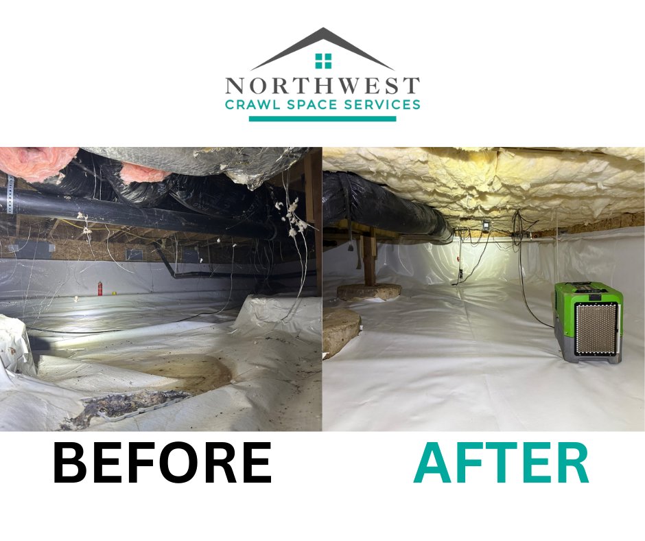 A before and after comparison of a crawl space, showing a dirty, uninsulated space transformed into a clean, encapsulated area with a dehumidifier by Northwest Crawl Space Services in Kent, WA.
