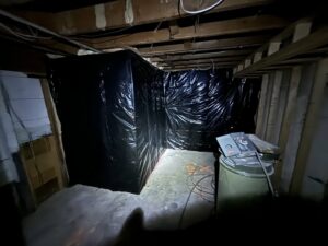 A crawl space fully encapsulated with black plastic sheeting by Pacific Insulation & Mold Remediation in Spokane, WA.