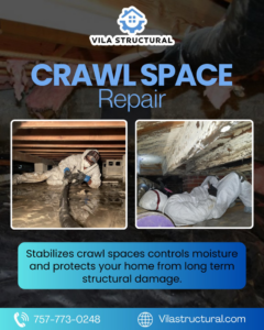 Workers in protective suits performing crawl space repair and encapsulation for Vila Structural in Virginia Beach, VA.